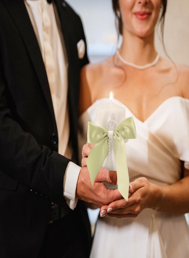 Conelist 3 Pcs Unity Candles with Satin Bow and Glass Candle Holder Boho Wedding Unity Pillar Candle Set Wedding Ceremony Reception Candles Decor for Formal Events Church(Sage Green) - Image 4